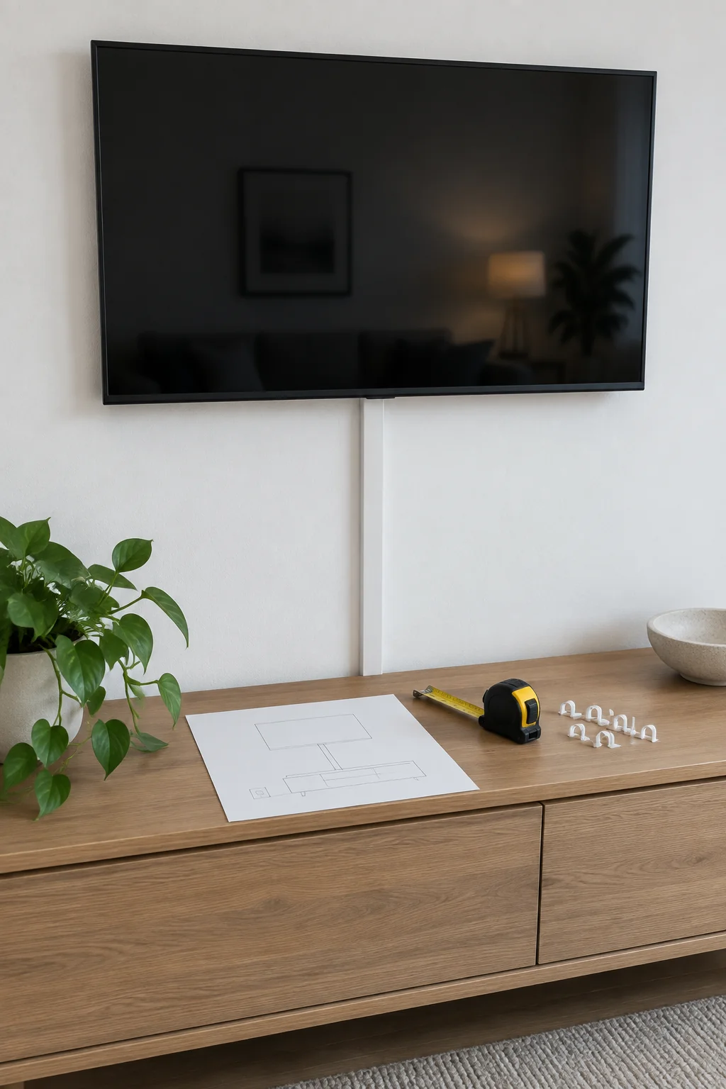 Wall mounted TV with a white surface cord cover above a console and a route sketch on paper