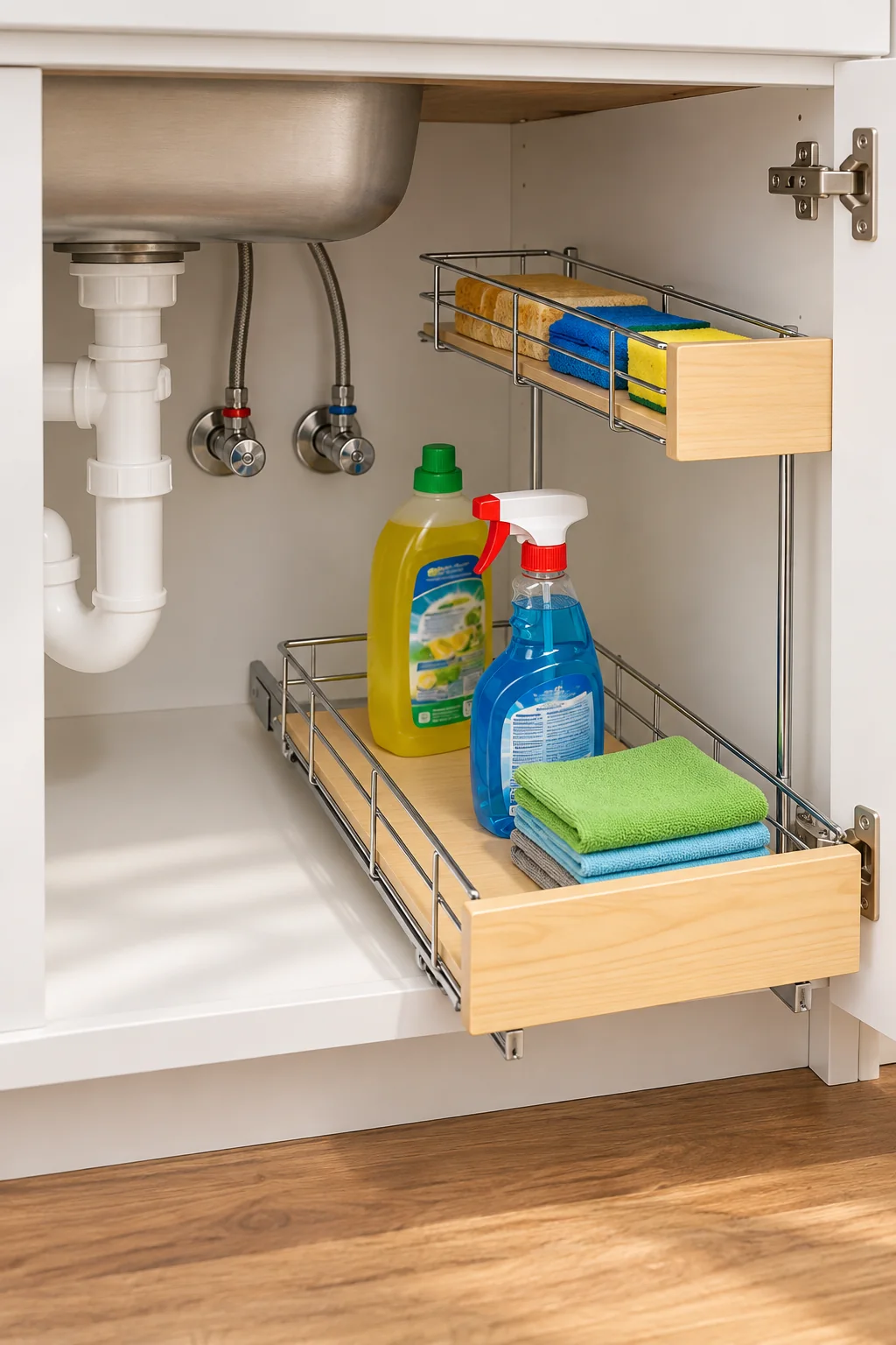 Illustration of LYNK chrome and laminated-wood organizer in a deep sink cabinet