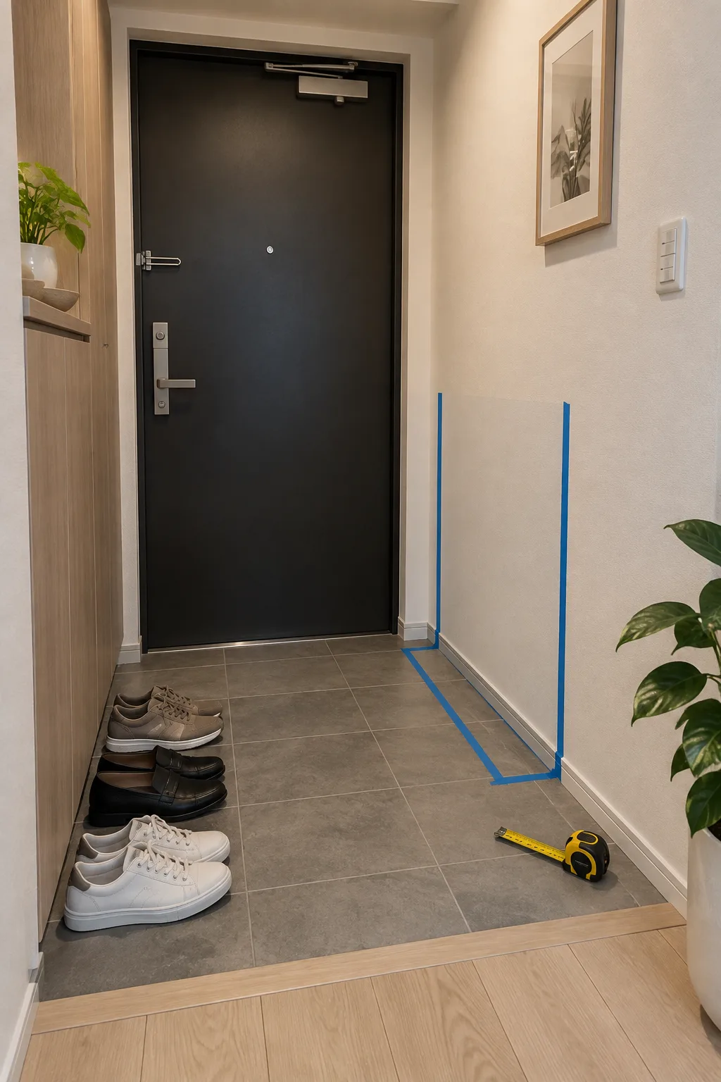 Painter's tape marking the footprint of a narrow shoe cabinet near an apartment front door