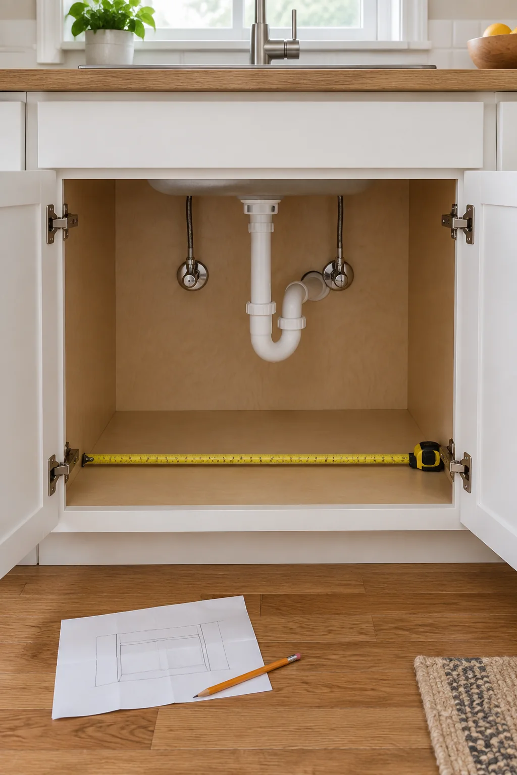 Empty sink cabinet with a tape measure across the opening and plumbing visible