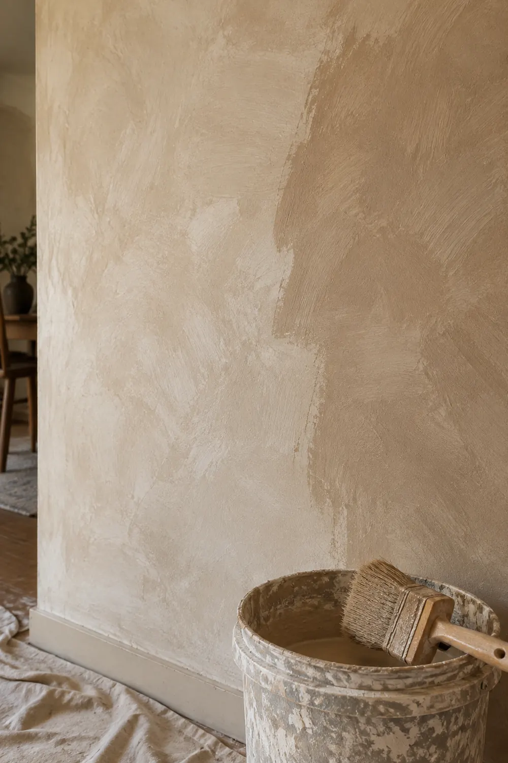 Close-up of a wide block brush applying limewash to a wall in loose crisscross X strokes, showing the cloudy wet and dry patches.