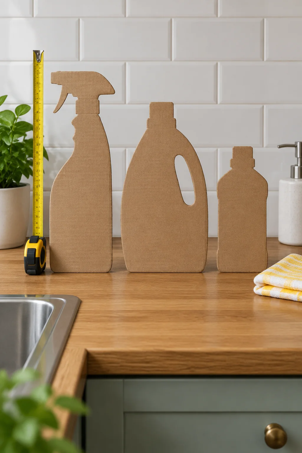 Flat cardboard bottle-height templates beside a measuring tape