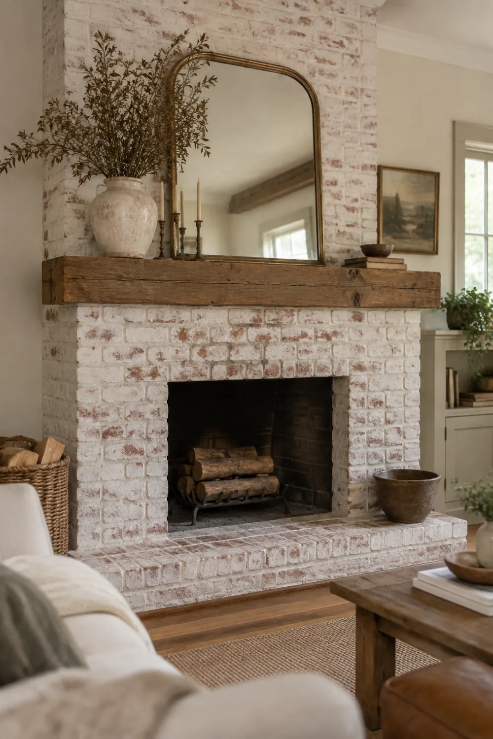 Brick fireplace finished with white limewash, with some of the original brick color showing through, styled with a mirror and plants.