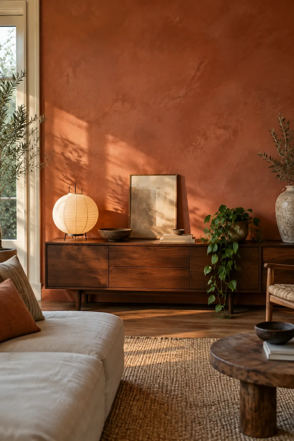Terracotta limewash accent wall behind a cream sofa, with a jute rug and a large ceramic vase.