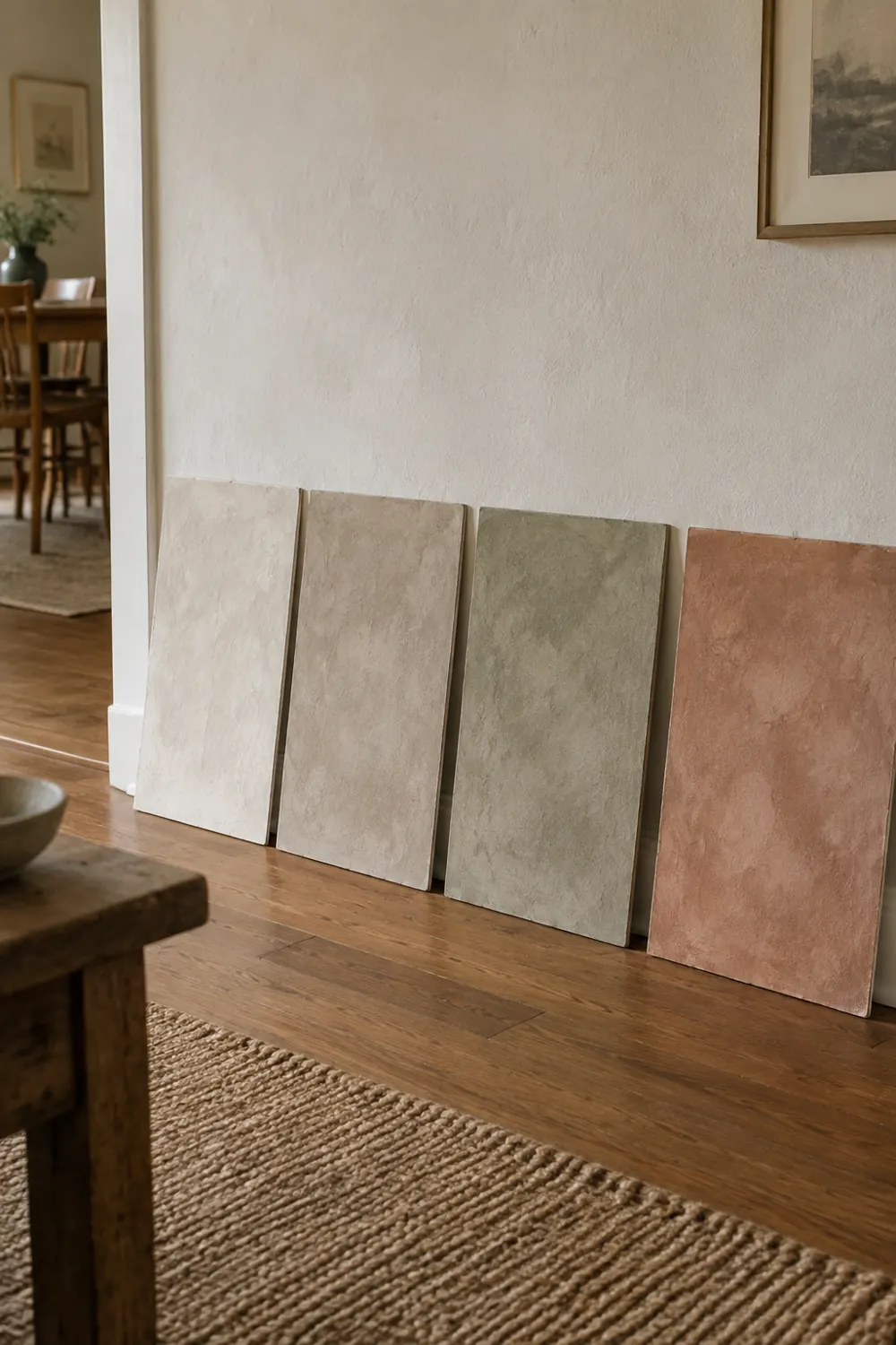 Limewash color sample boards in warm white, greige and terracotta leaned against a wall for testing.