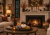 Indoor Halloween Decor: 8 Amazon Finds With Fall Staying Power Living room decorated for Halloween with velvet pumpkins on a round coffee table, black flameless taper candles in a candelabra and faux crows on the fireplace mantel.