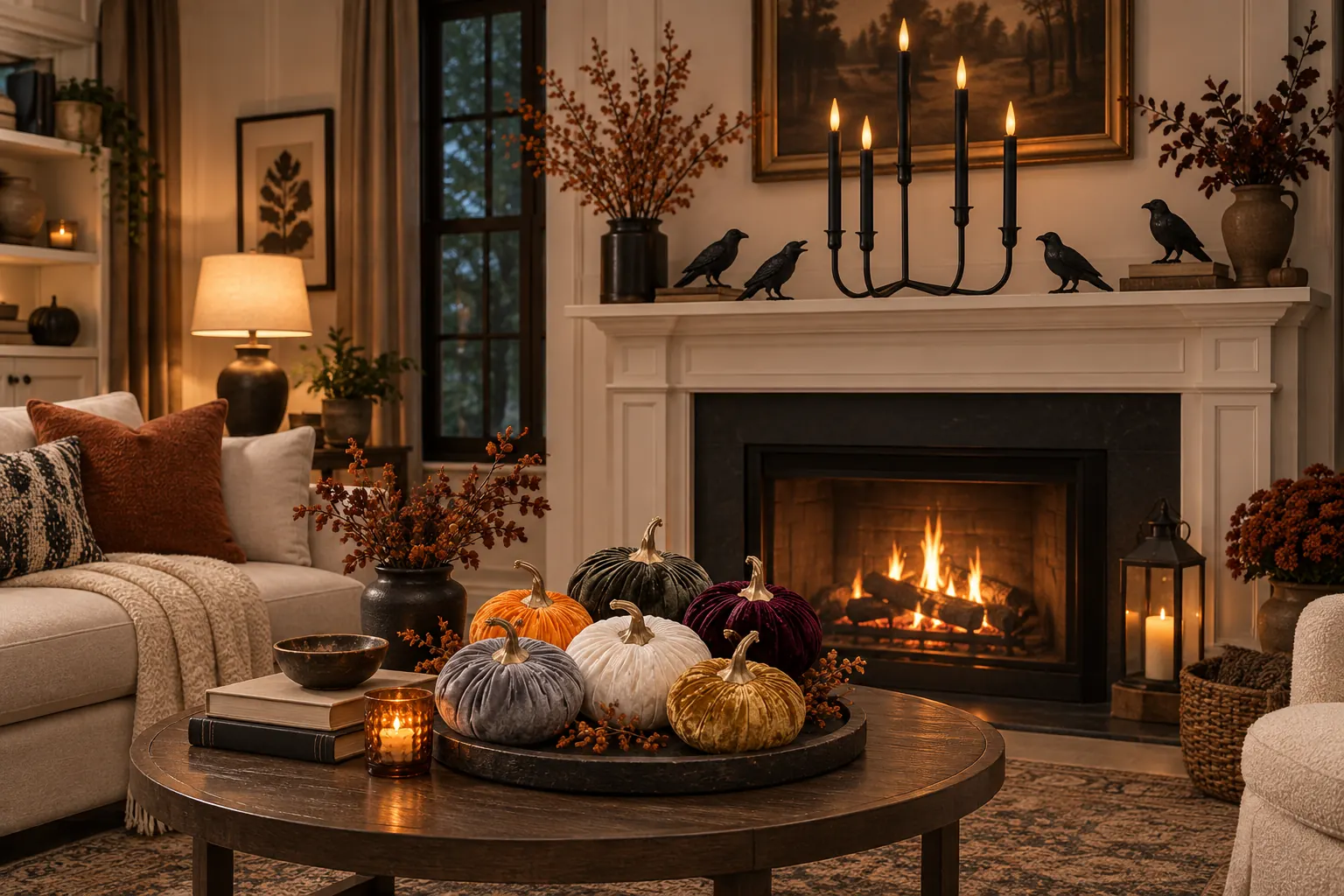 Living room decorated for Halloween with velvet pumpkins on a round coffee table, black flameless taper candles in a candelabra and faux crows on the fireplace mantel.