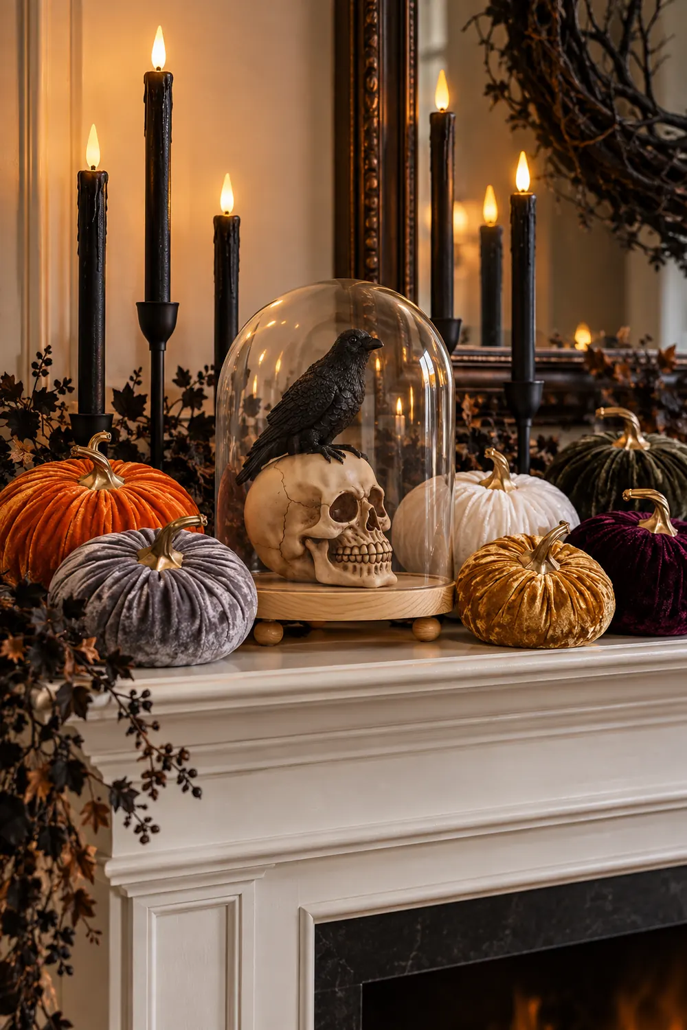 Halloween mantel with velvet pumpkins, glowing flameless taper candles in matte black holders and a crow on a skull under a glass cloche.