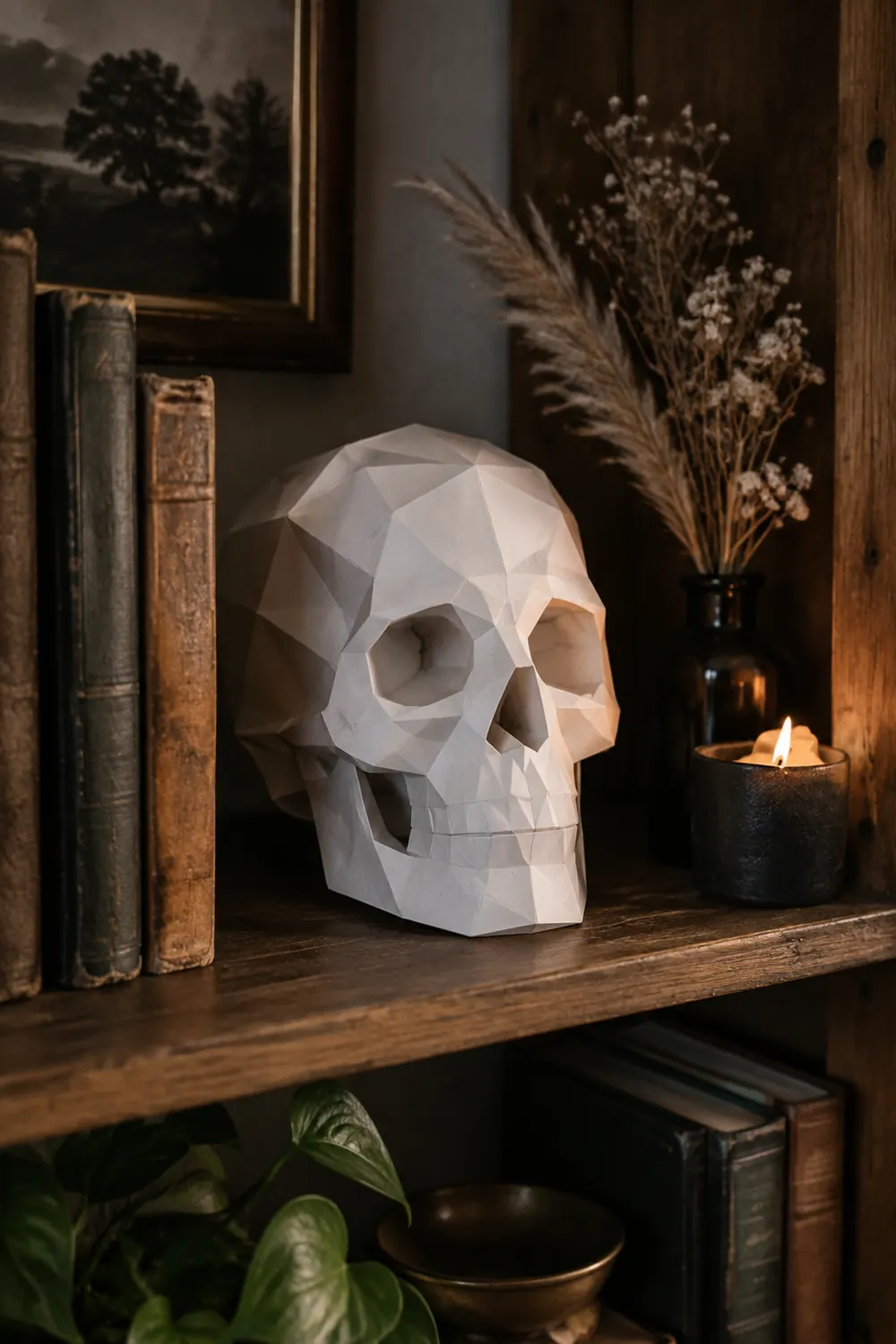 Handmade white paper 3D skull on a wooden bookshelf next to old books and a black candle, a DIY Halloween decoration.