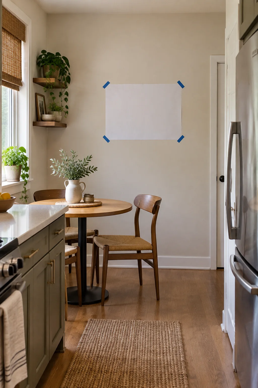 Illustrative small kitchen breakfast nook with a paper rectangle taped above a two-seat table to test artwork size and walkway clearance before buying.