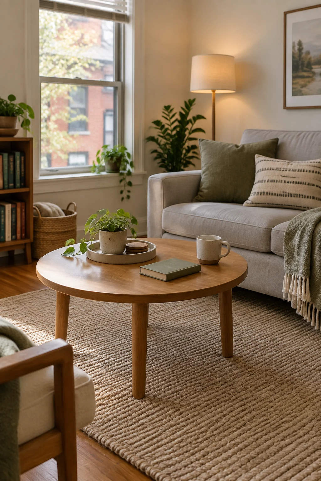 Illustrative compact living room with a round coffee table between sofa and chair, leaving room to walk and set down a mug.