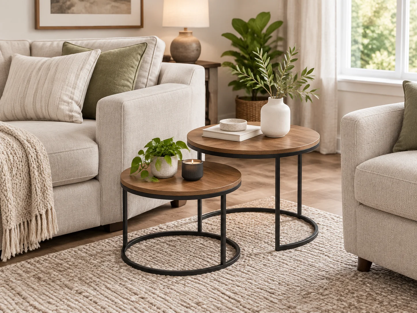 Illustrative compact living room with two round oak-look nesting tables and dark metal frames, using the Nathan James Stella listing as a visual reference.