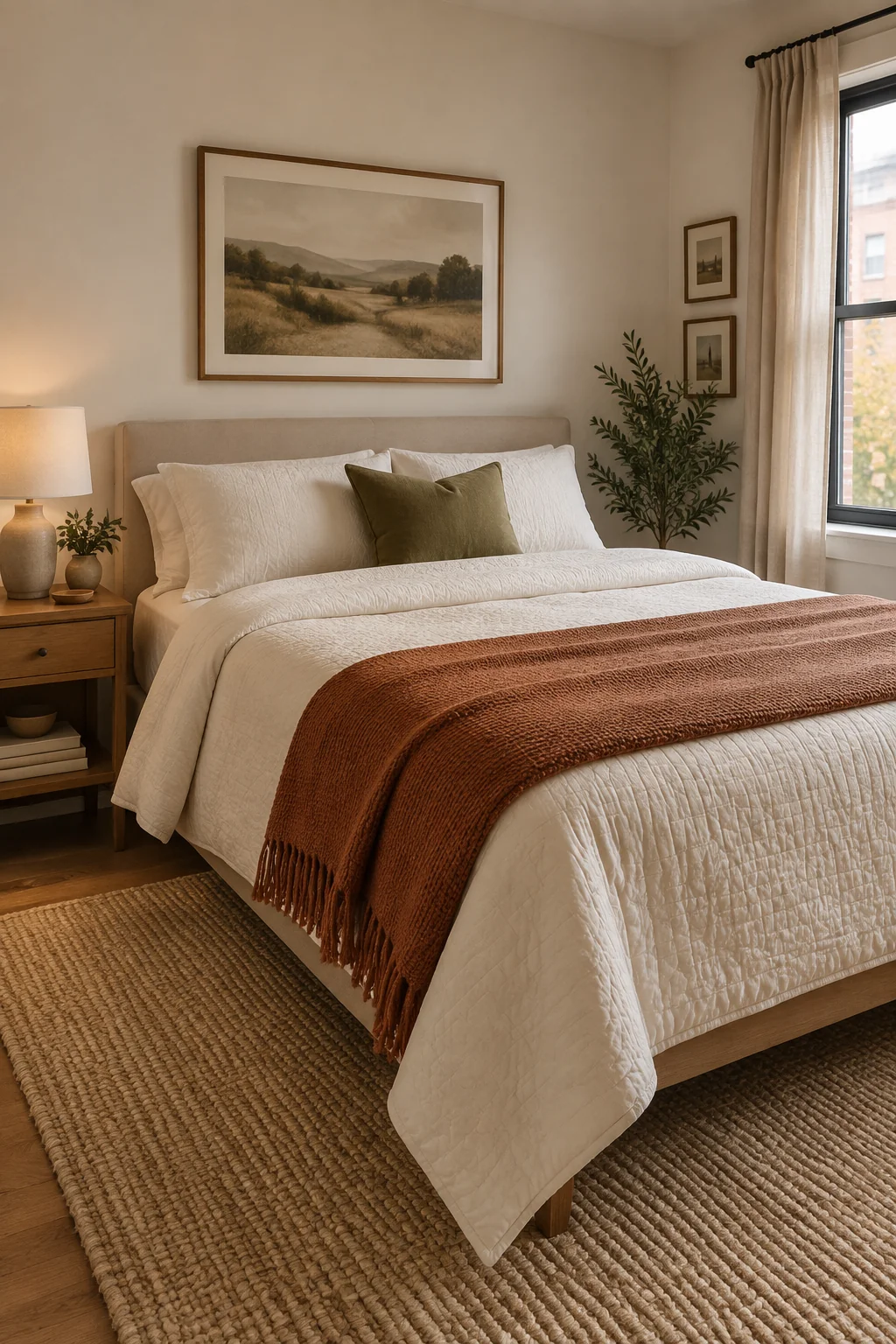 Ivory fall bedroom bedding with a folded rust throw and a single olive accent pillow