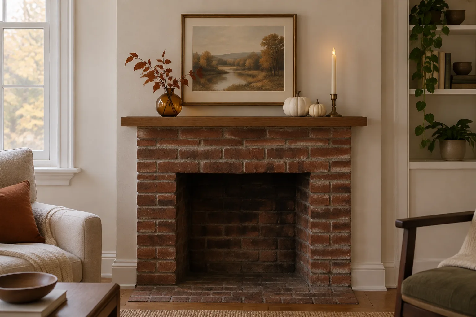 Illustrative fall mantel on a narrow shelf with framed landscape art, a branch in an amber vase, cream pumpkins and one cordless candle.