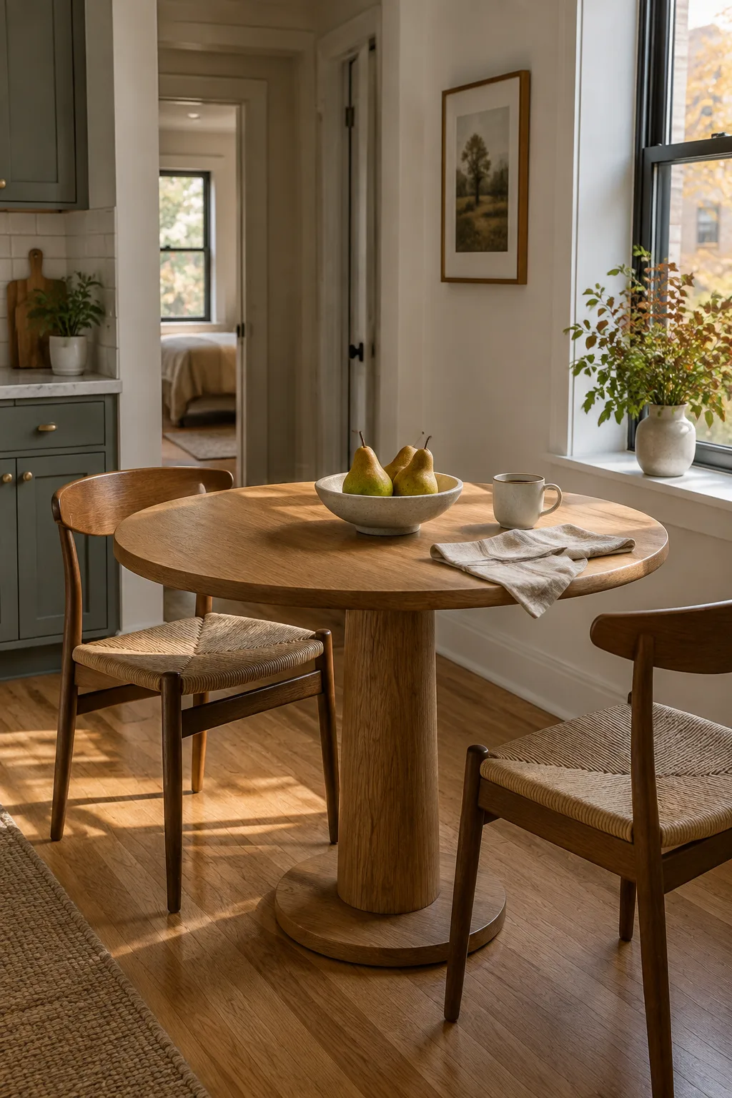 Small round oak breakfast table with a low bowl of pears and space for two place settings