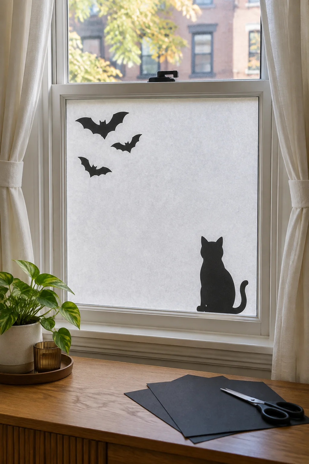 Black paper cat and bat silhouettes on tracing paper inside one window pane
