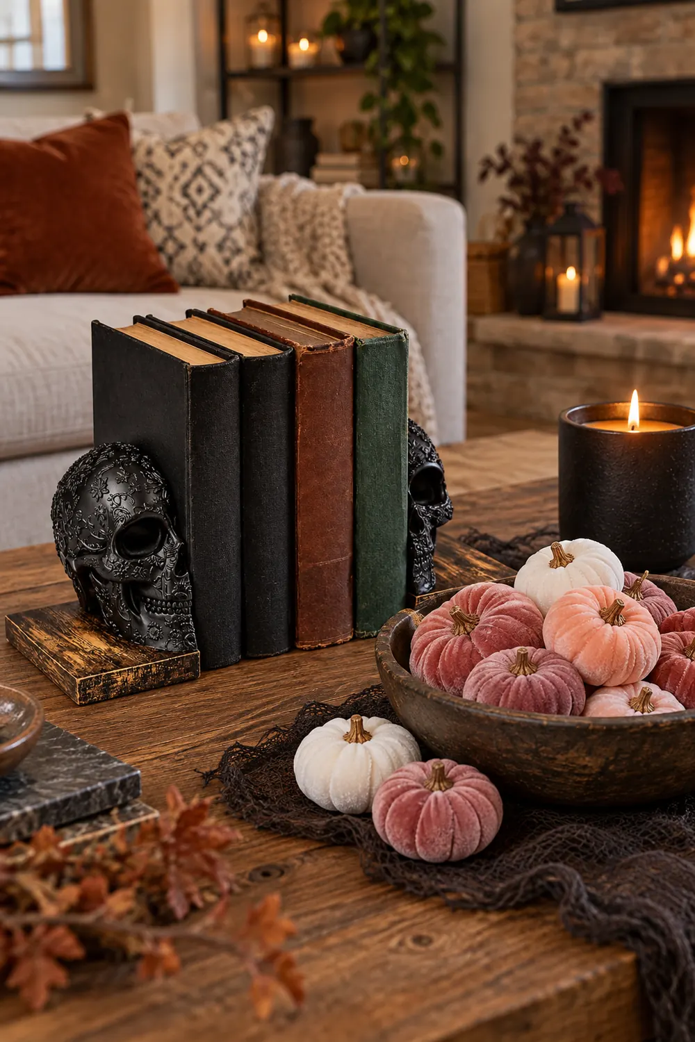 Coffee table with black skull bookends holding a row of books, a bowl of mini velvet pumpkins and a lit black candle.