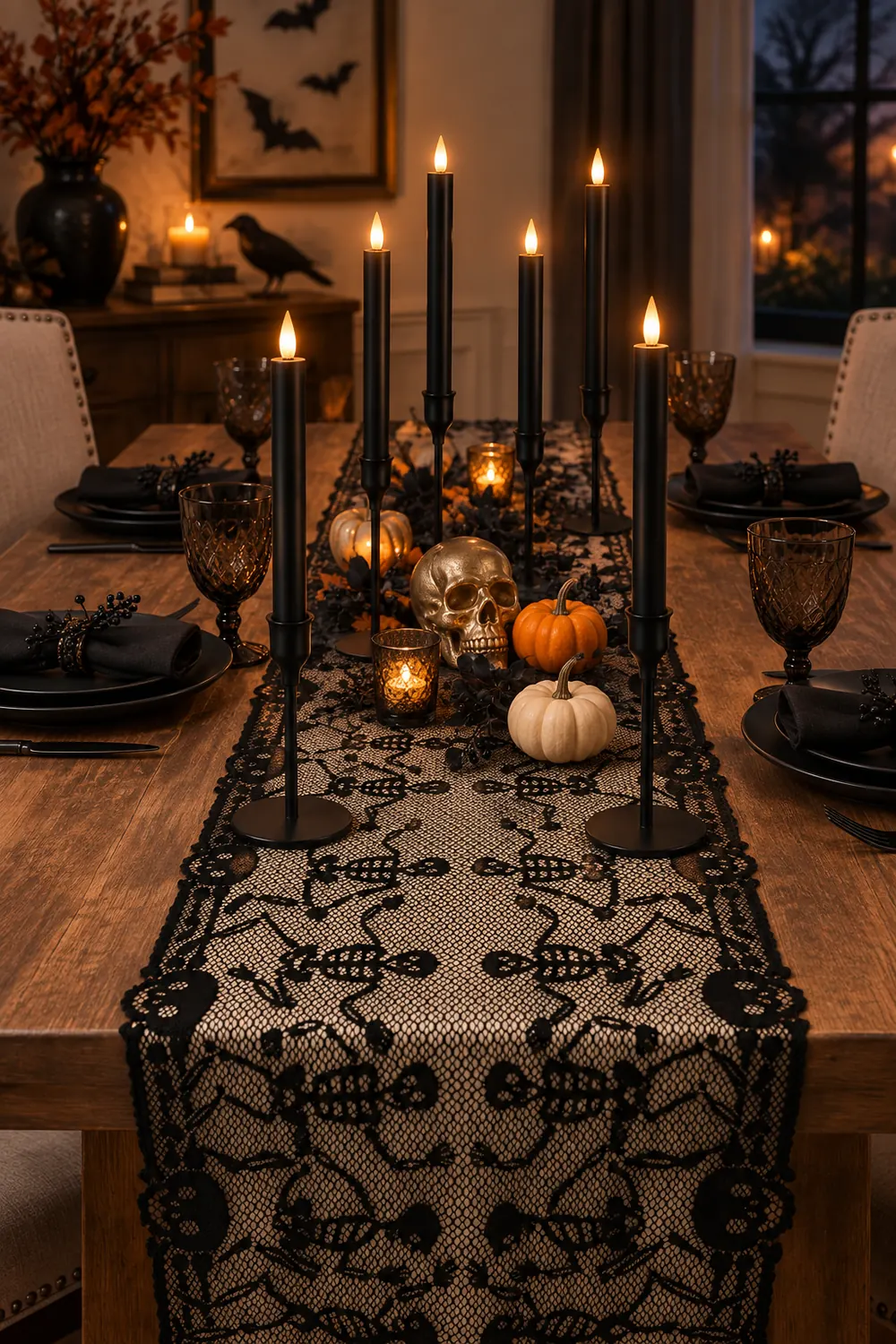 Halloween dining table with a black lace skeleton table runner, black taper candles in matte black holders and small pumpkins.