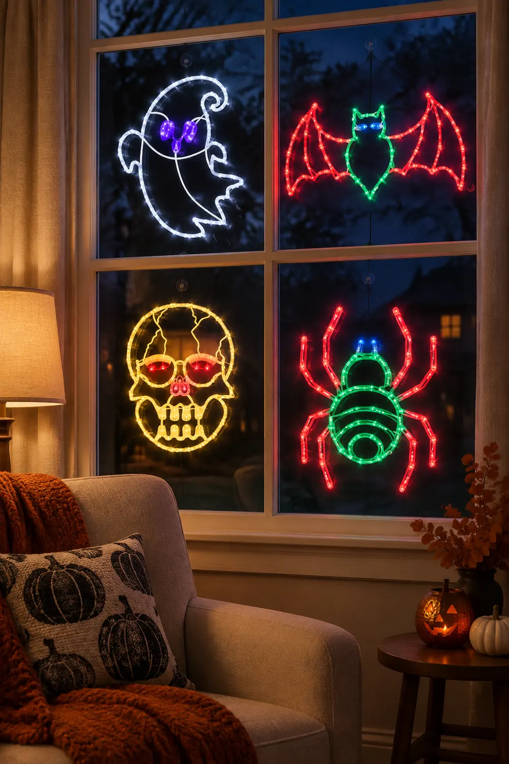 Living room window at night with glowing Halloween window silhouette lights shaped like a ghost, a bat, a skull and a spider.