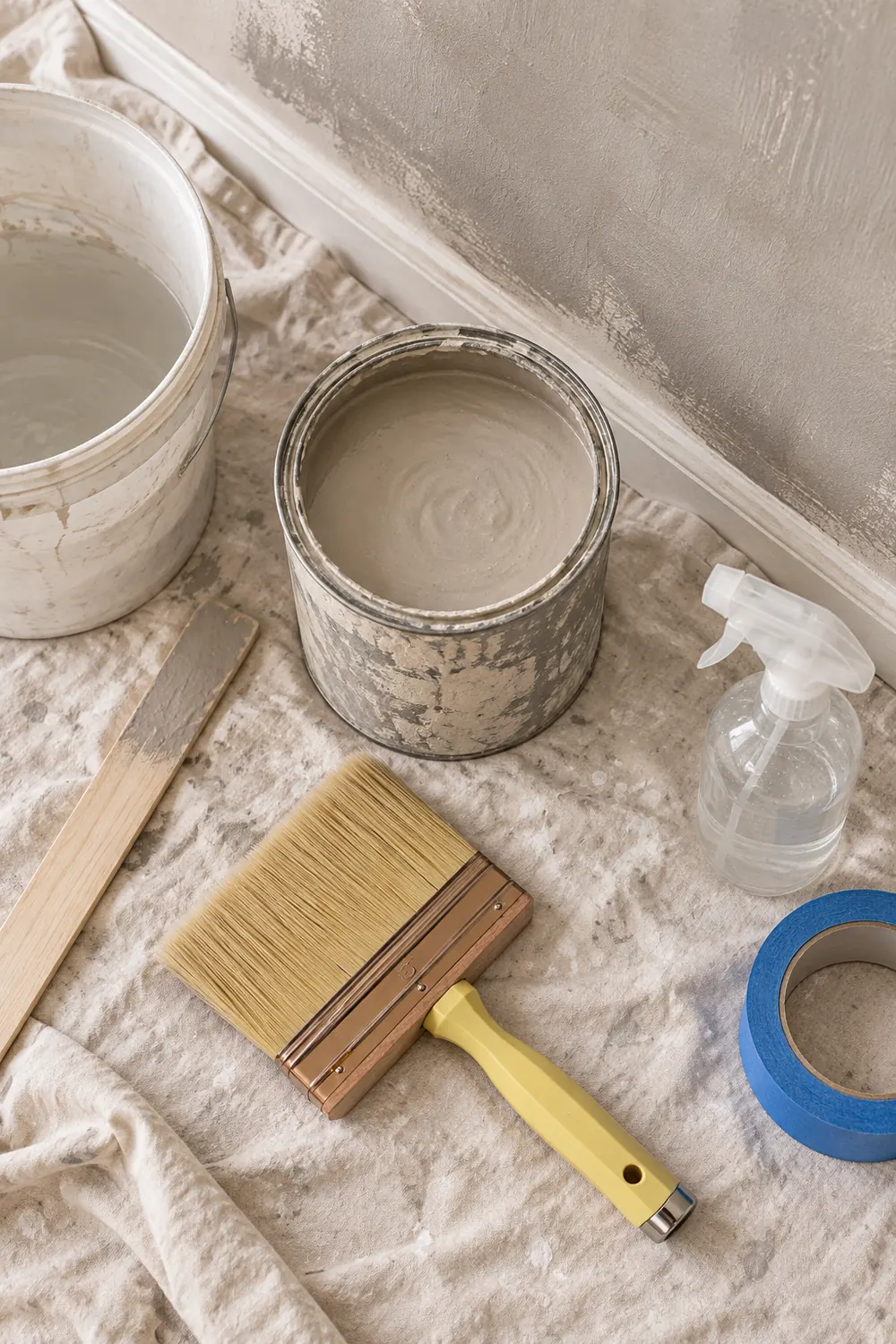 Limewash supplies on a drop cloth: a wide block brush, open cans of greige limewash, a spray bottle, a stir stick and painter's tape.