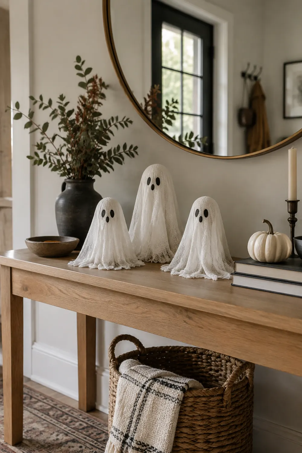 Three DIY cheesecloth ghosts standing on a light oak entryway console under a round mirror.