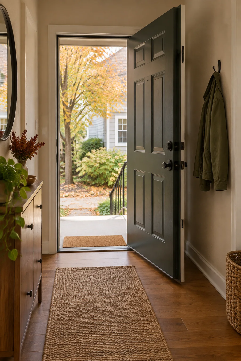 Illustrative narrow apartment entryway with the door open, a low mat clear of its swing, a jacket on a wall hook and a free walking route.