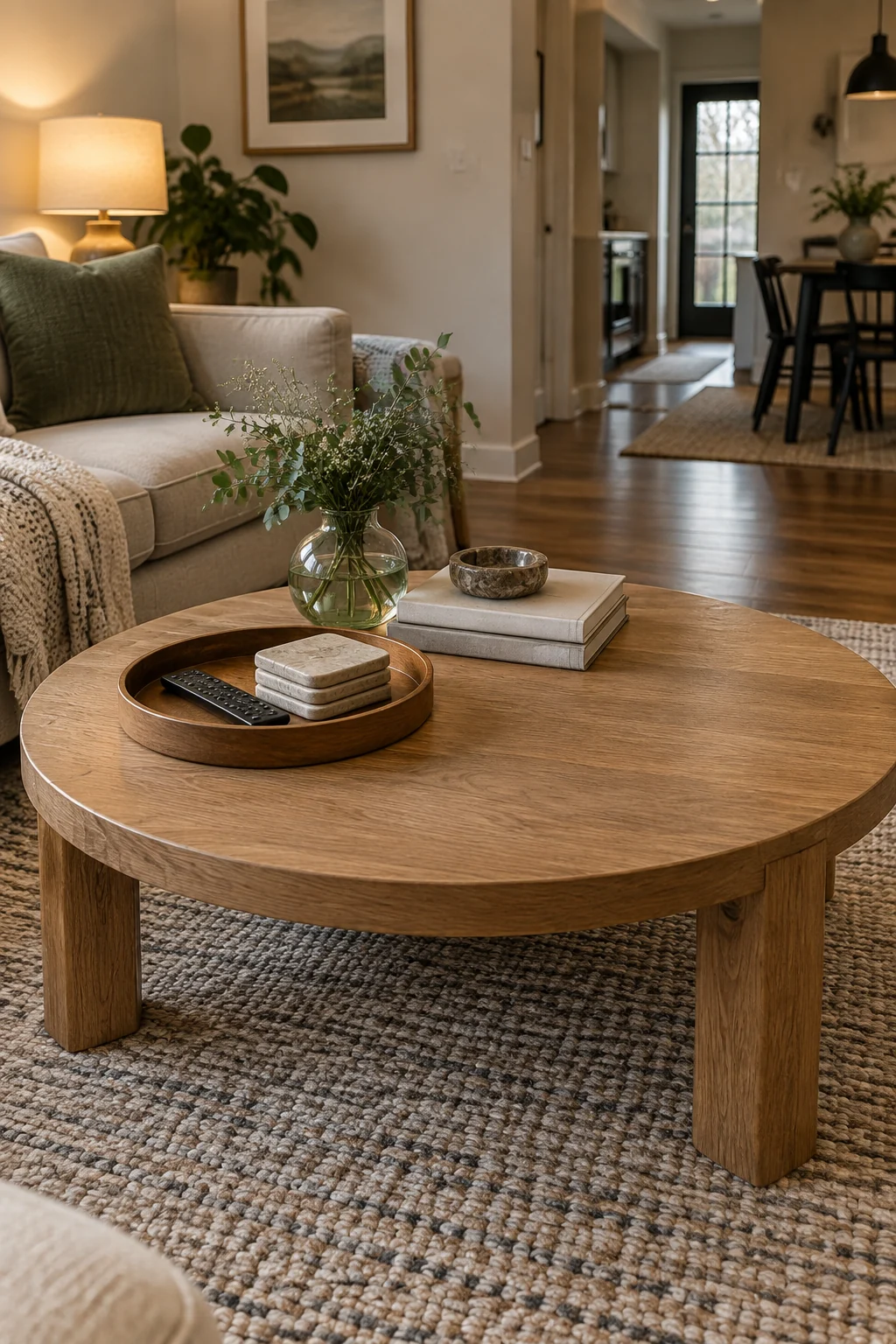 Illustrative oak coffee table with a low tray for remote and coasters, two stacked books and an open area for drinks or games.