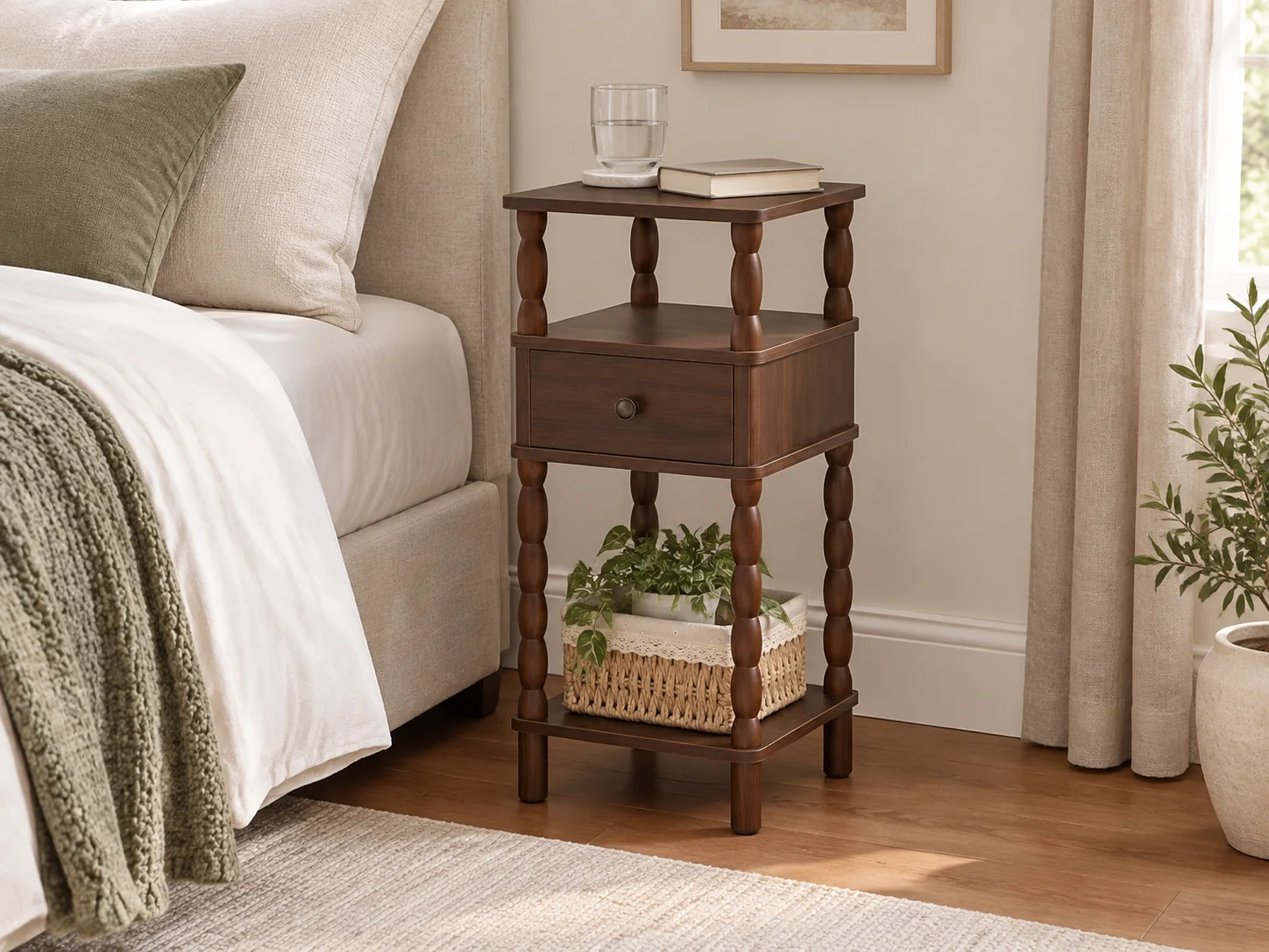 Illustrative compact bedroom with a very narrow walnut-brown bedside table, turned legs, one drawer and lower shelf, using the MaxSmeo listing as a visual reference.