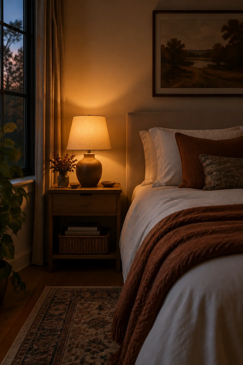 Warm shaded bedside lamp lighting a small bedroom with ivory bedding and a rust throw