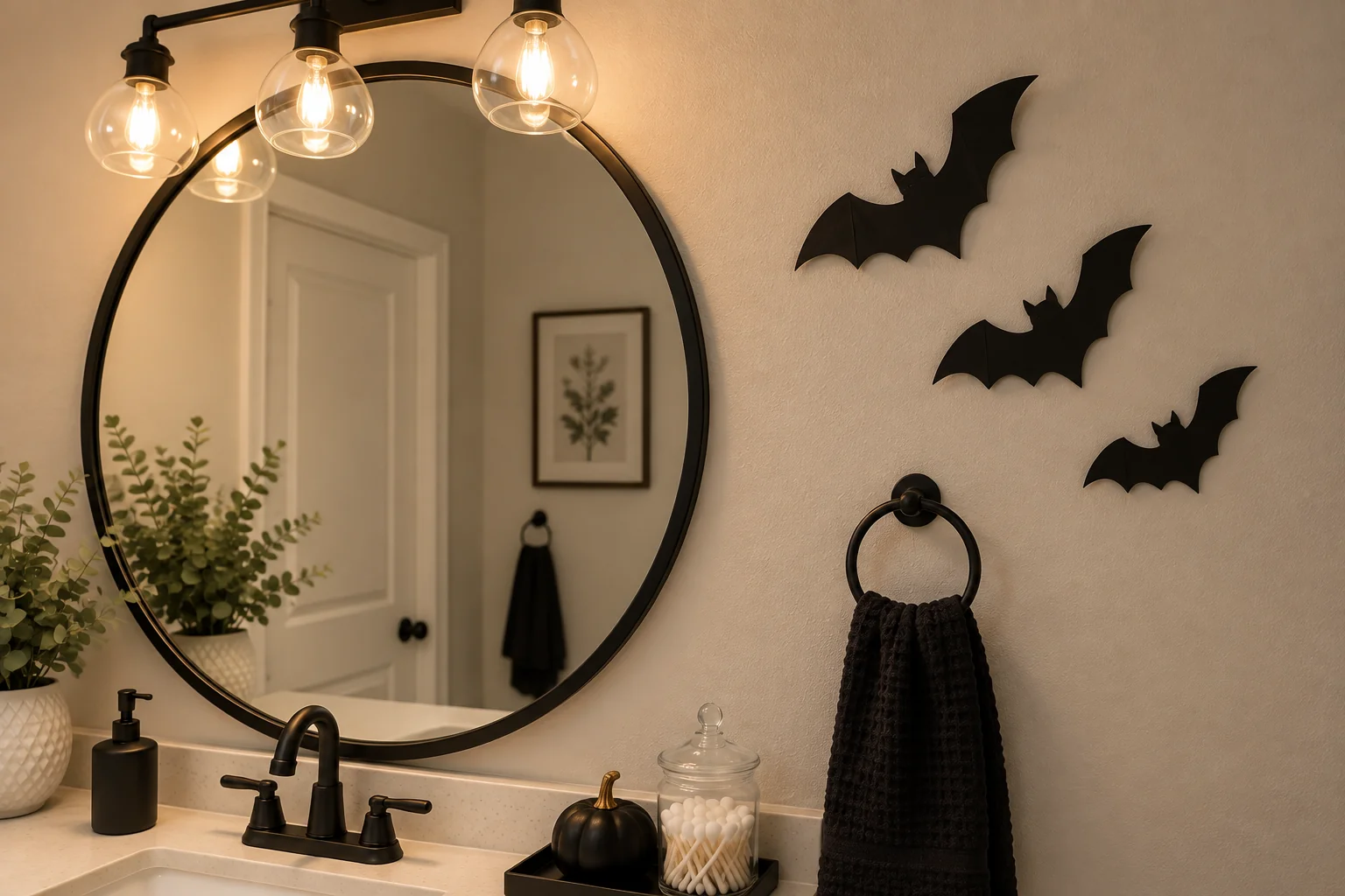 Illustrative Halloween bathroom mirror detail with black paper bats on a dry wall area beside a round mirror; mirror and lights remain clear.