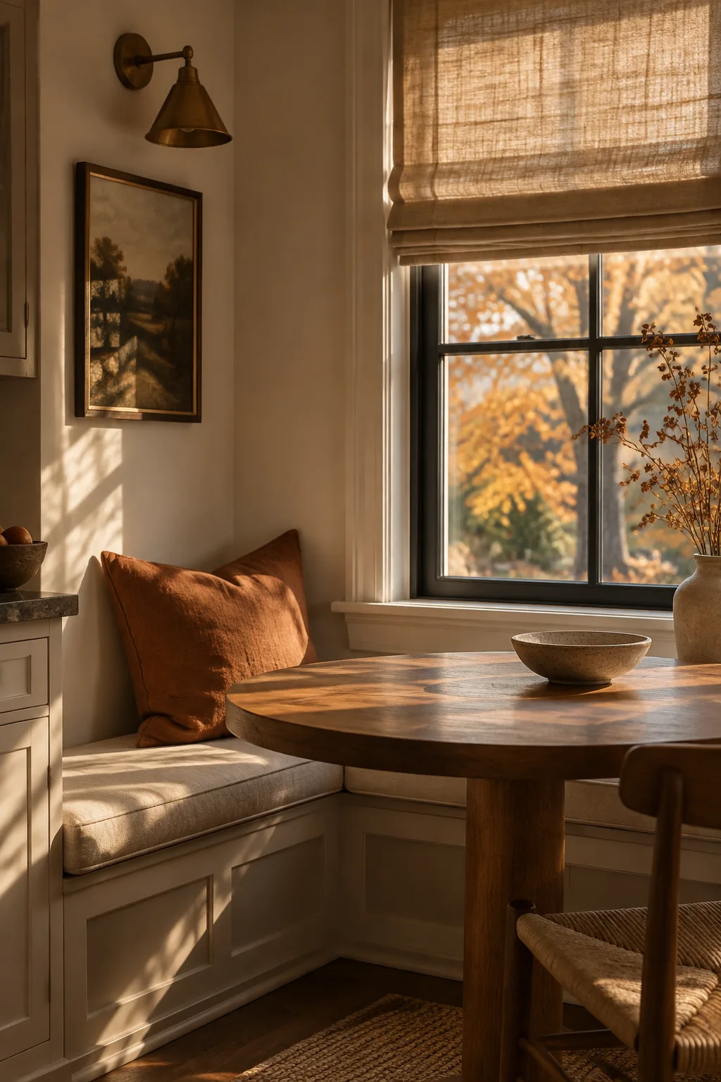 Breakfast nook window with linen shade, rust cushion and a single autumn branch