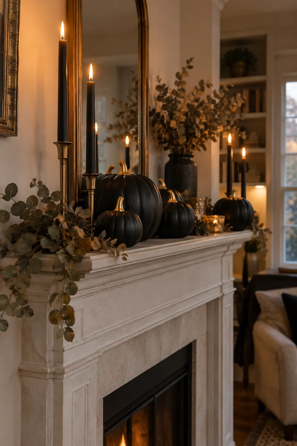 Halloween mantel with foam pumpkins painted matte black with gold stems, taper candles and dried eucalyptus.
