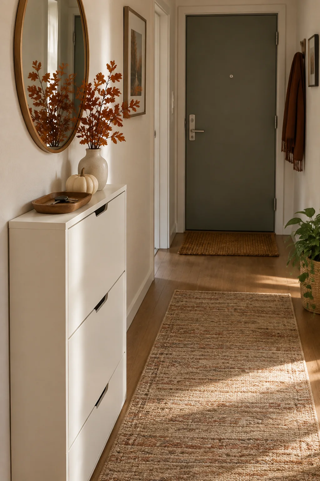 Illustrative slim shoe cabinet styled with a short fall branch, small pumpkin and key tray; mirror, door and clear apartment entryway remain visible.