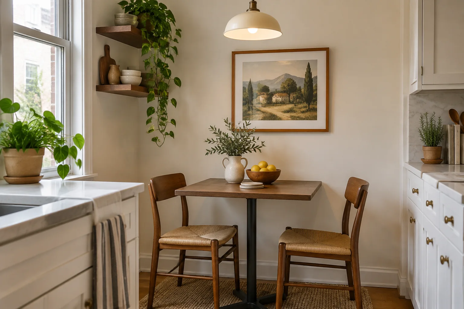 Illustrative two-seat small kitchen breakfast nook with one framed landscape print above a cafe table, pendant light and white cabinets.