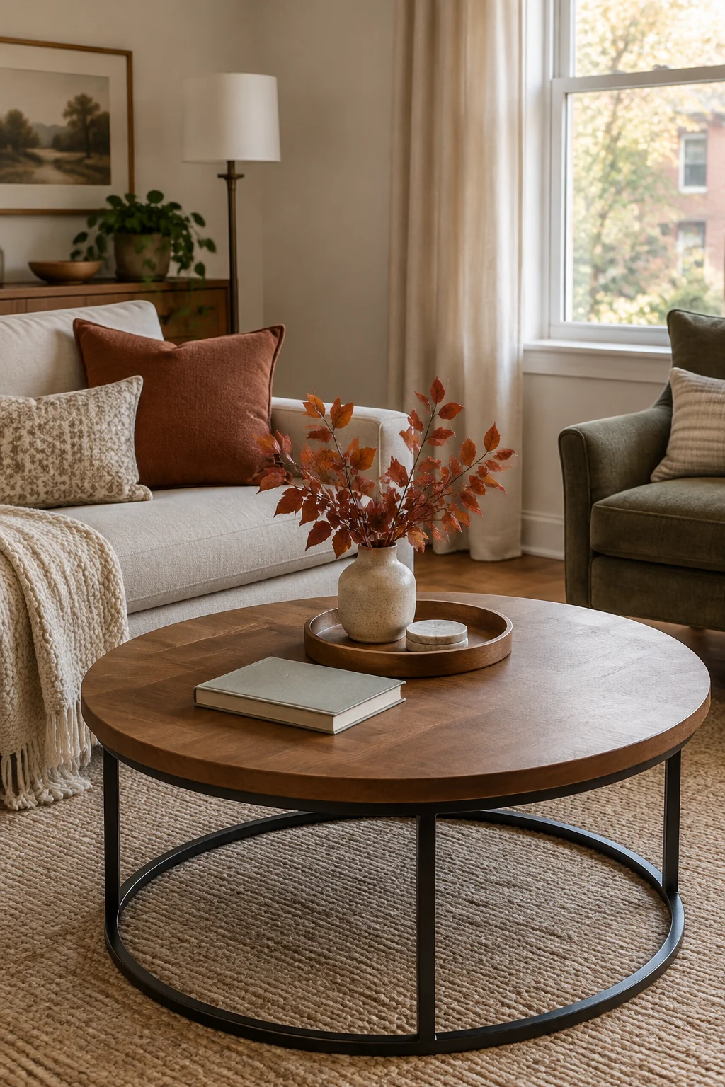 Illustrative small living room coffee table with a short rust-colored fall branch on a tray, one book and most of the surface clear.