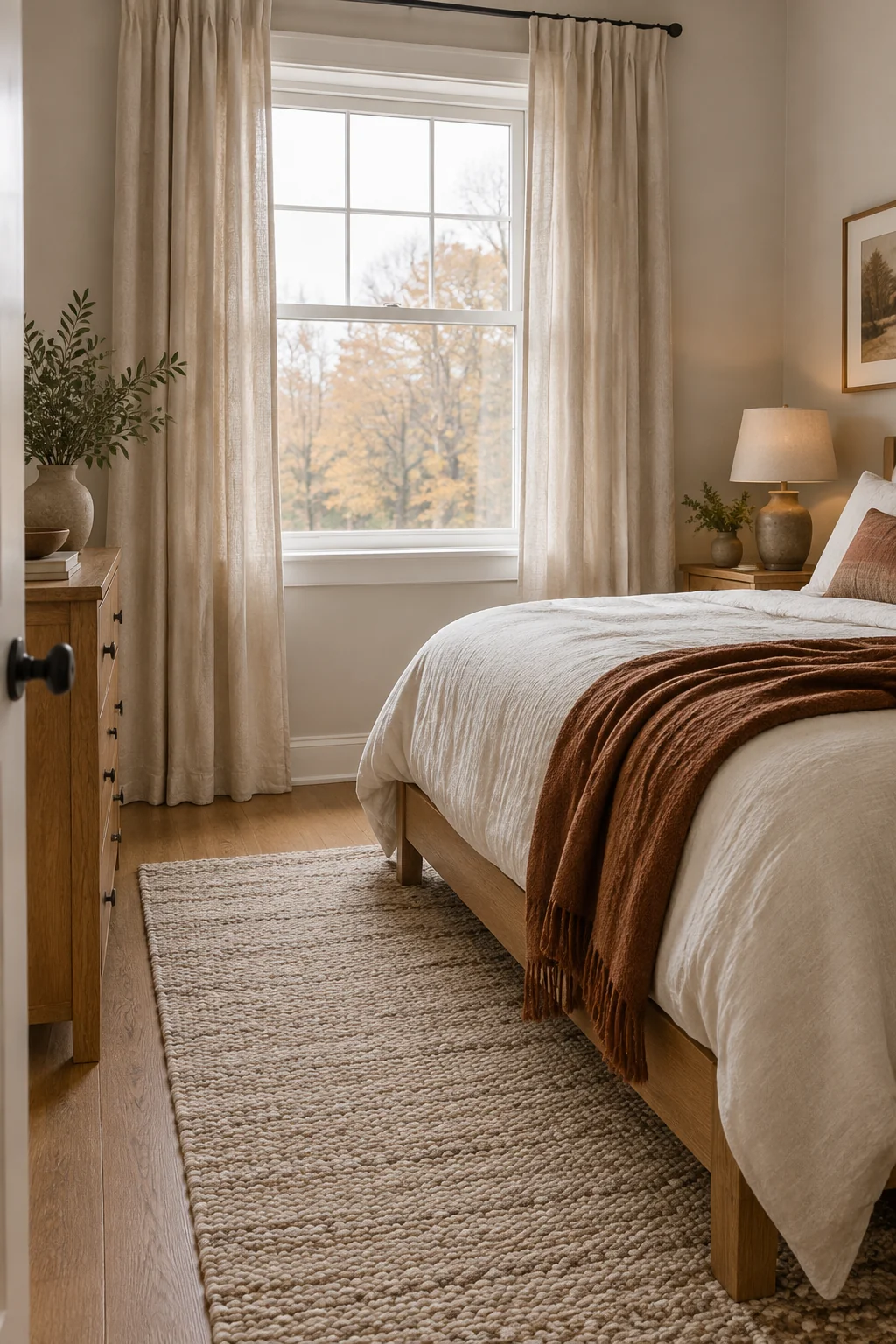 Oatmeal curtains and a neutral bedside rug adding soft texture to a small fall bedroom