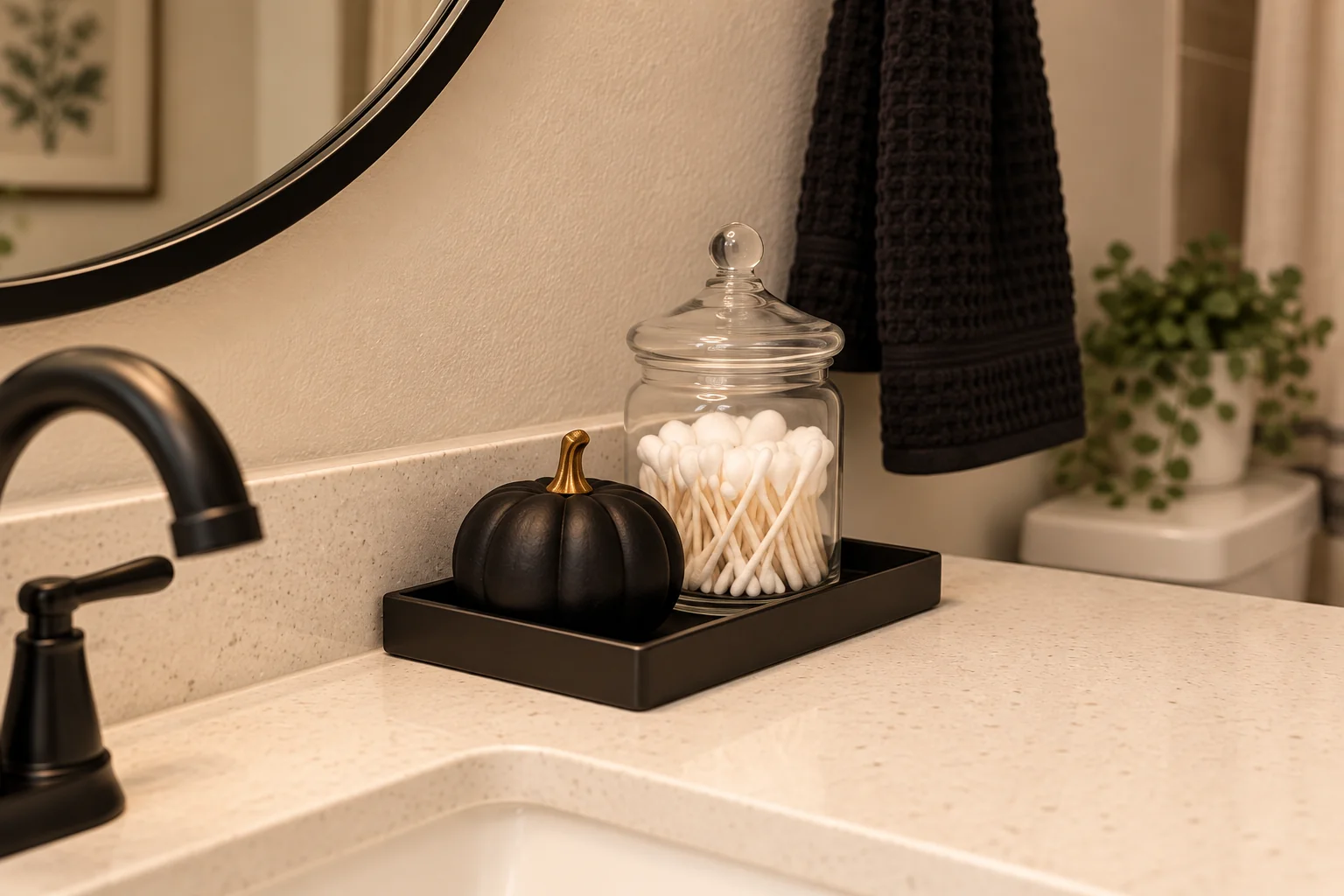 Illustrative Halloween bathroom counter with a small washable tray, matte black faux pumpkin and closed jar, leaving sink and taps clear.