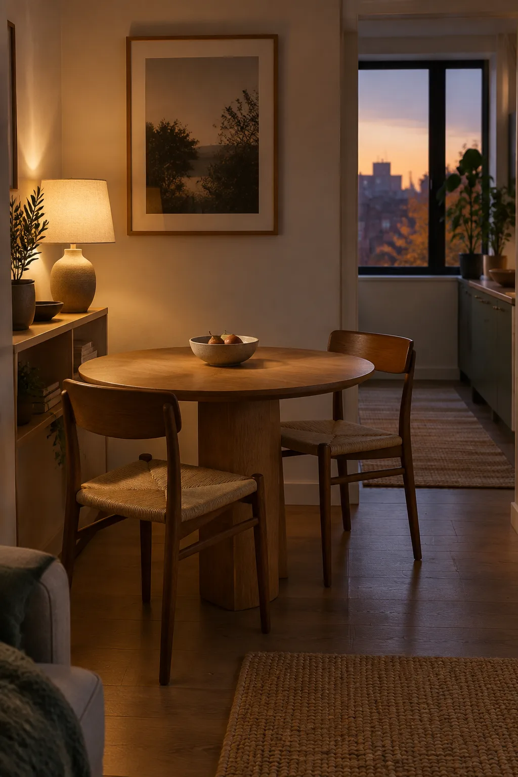 Small dining nook lit by a shaded lamp on a nearby shelf at dusk