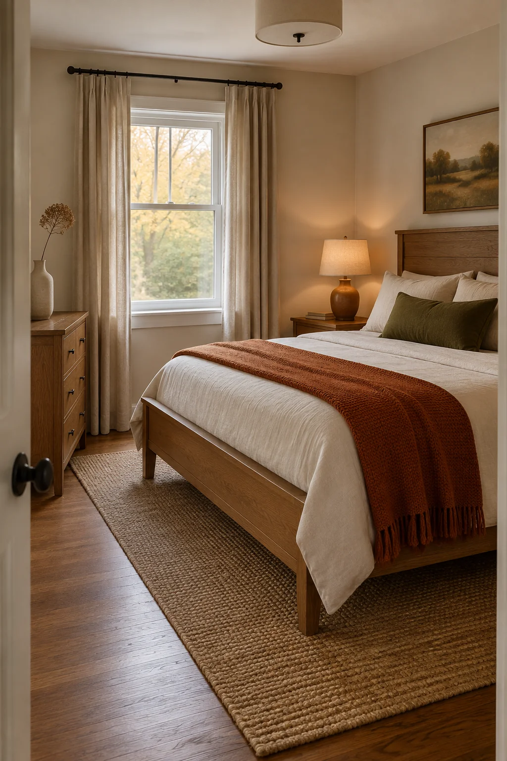 Small fall bedroom seen from the doorway with a clear walkway, rust throw and warm lamps
