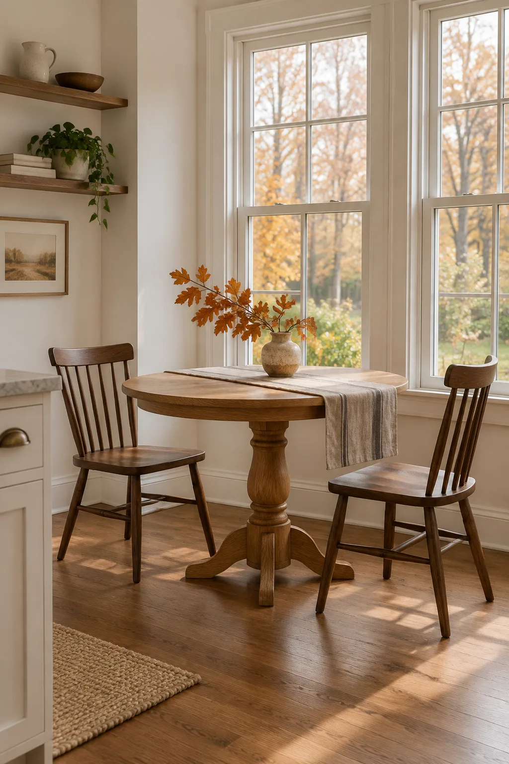 Edited fall breakfast nook with a clear floor path and lightly styled round table