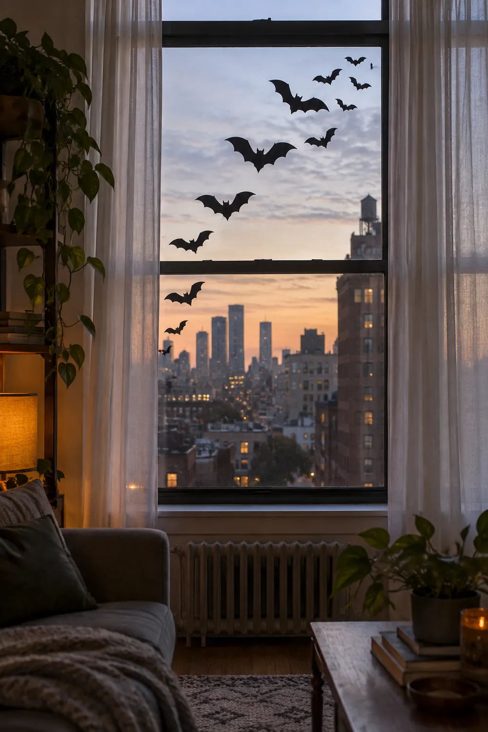 Black paper bat silhouettes taped to an apartment window in a swooping arc at dusk.