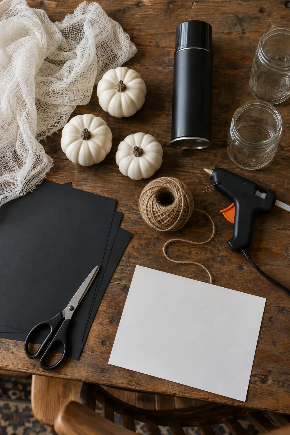 Flat lay of Dollar Tree Halloween craft supplies: cheesecloth, foam pumpkins, black paper, twine, a glue gun and glass jars.