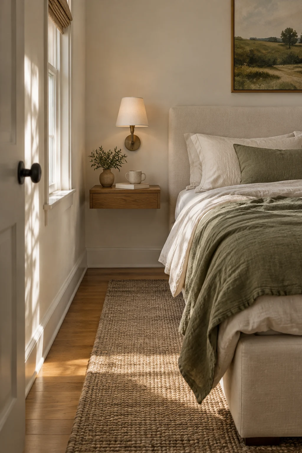 Illustrative compact bedroom with a floating oak bedside shelf, shaded wall light and a clear path beside the cream bed.