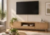How to Hide TV Cords on a Wall Without Opening It Up Mounted TV with a beige surface cord cover and oak console in an illustrative living room