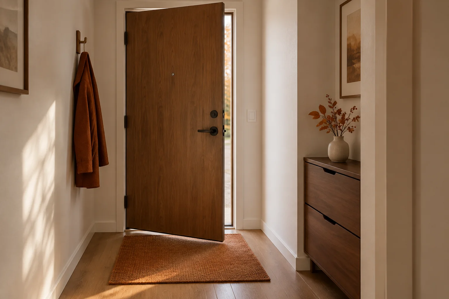 Illustrative compact apartment entryway without a console, showing coat hook, washable mat and autumn branch on a low cabinet, with the door and circulation left clear.