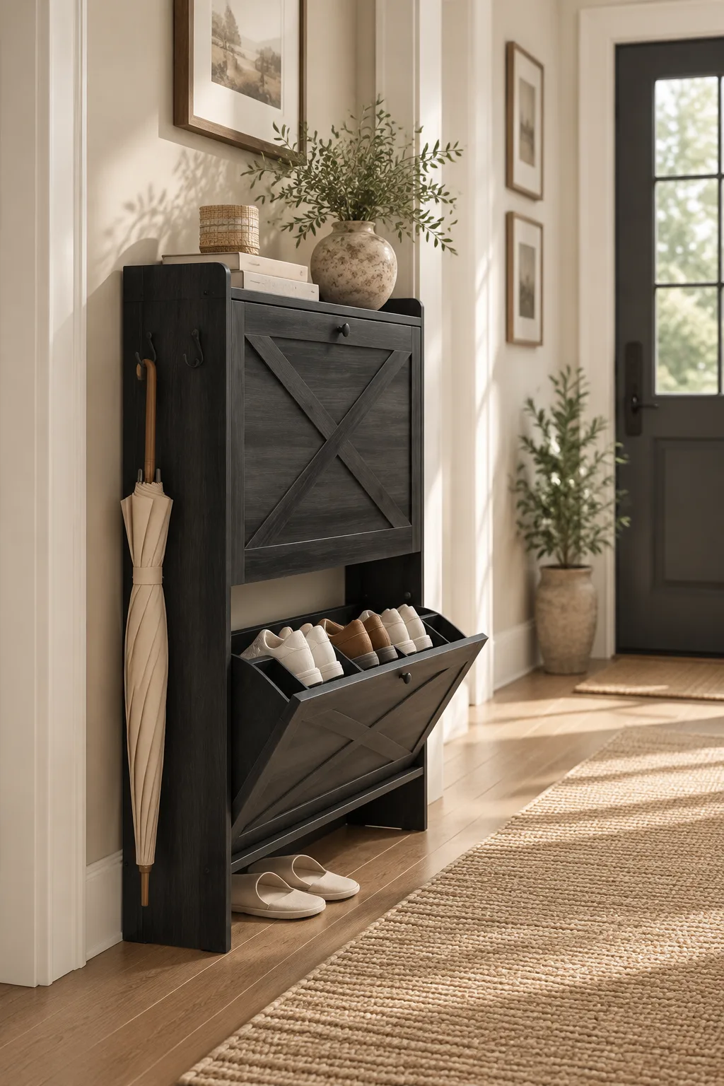 Illustrative black two-flip-drawer shoe cabinet in a narrow entryway with one drawer open