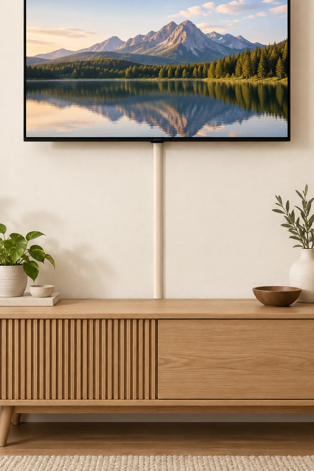 Illustrative beige half round surface cord cover running straight from a mounted TV to an oak media console