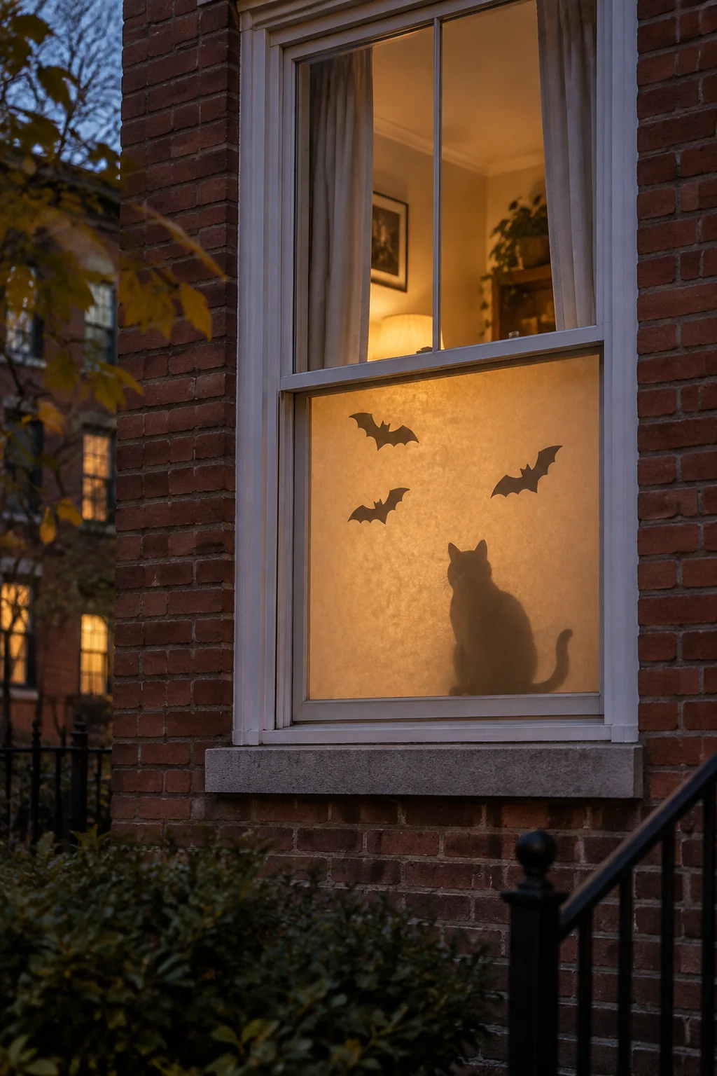 Glowing lower window pane with a cat and bat silhouettes viewed from outside