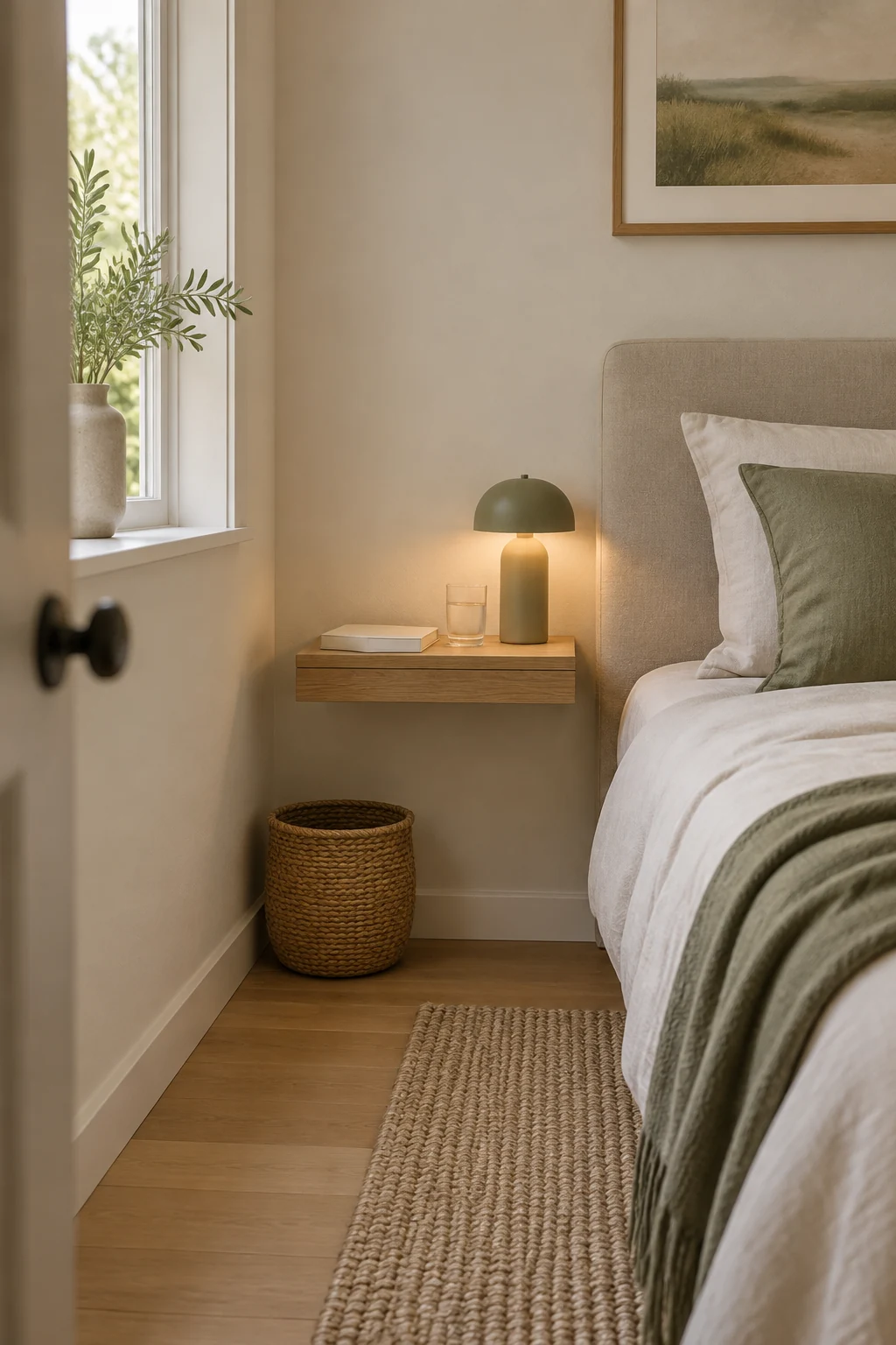 Illustrative small rental bedroom with a shallow wall-mounted bedside ledge for water and a book, leaving floor space open.