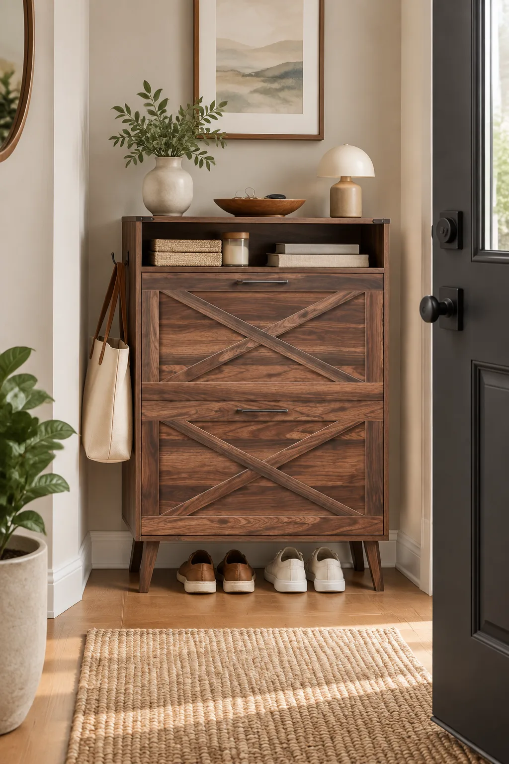 Illustrative walnut shoe cabinet with two X-front flip drawers and an open top shelf